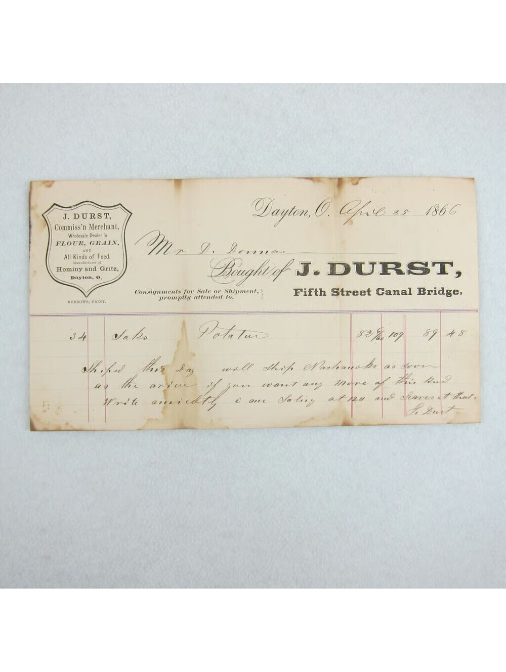 Antique 1866 J. Durst Wholesale Dealer Flour & Grain Dayton Ohio Receipt Invoice